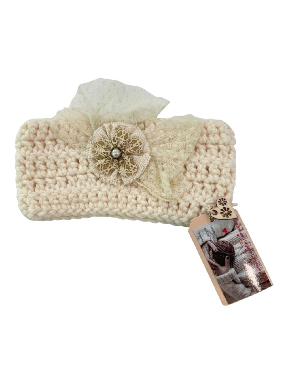 Handmade Cream Crochet Headband With Lace Bow & Pearl Accent
